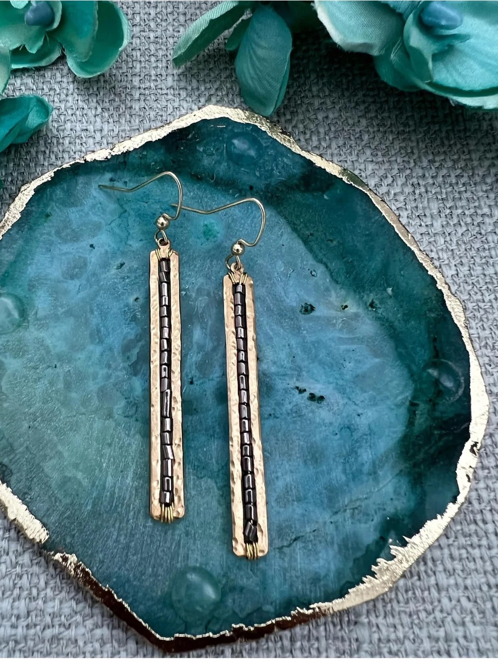 Gold Bar Drop Earrings with Black Accents - Women Jewelry